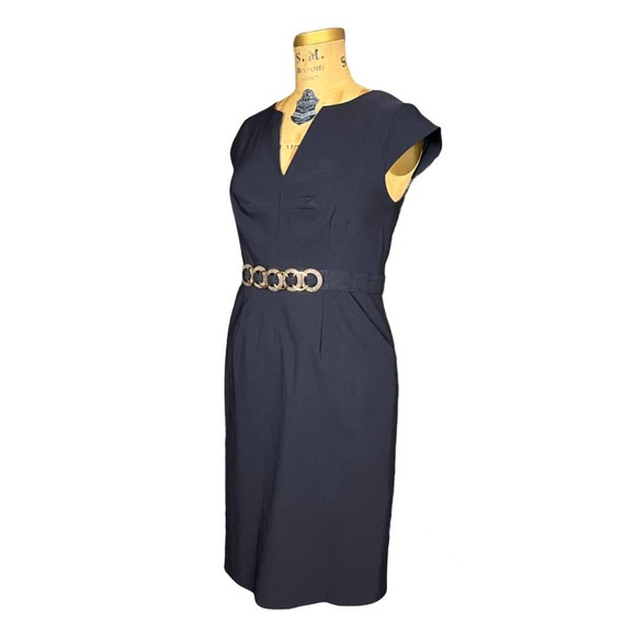 Adrianna Papell Blue Dress V Neck Gold Wood Belt - Picture 4 of 8